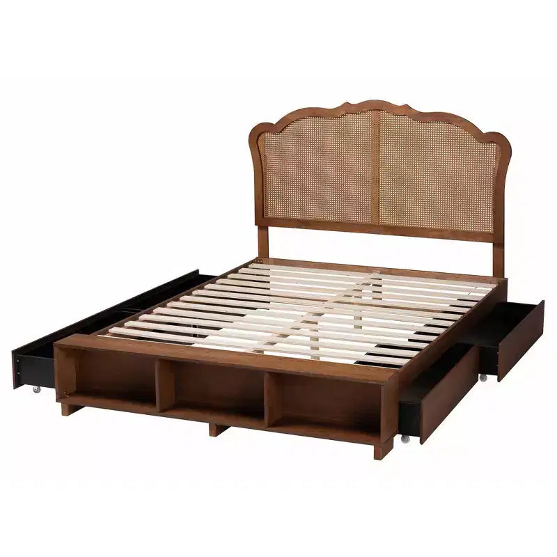 Lit de rangement Latrell en bois et rotin pour grand lit Baxton Studio, noyer brun