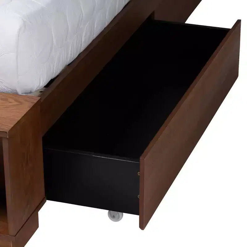 Lit de rangement Latrell en bois et rotin pour grand lit Baxton Studio, noyer brun
