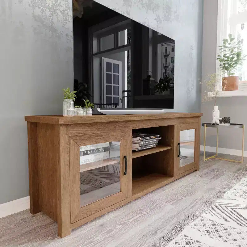 Flash Furniture Meuble TV Sheffield Classic pour téléviseurs jusqu'à 80" - Finition moderne avec portes entièrement vitrées - Cadre en bois d'ingénierie de 65" - 3 étagères