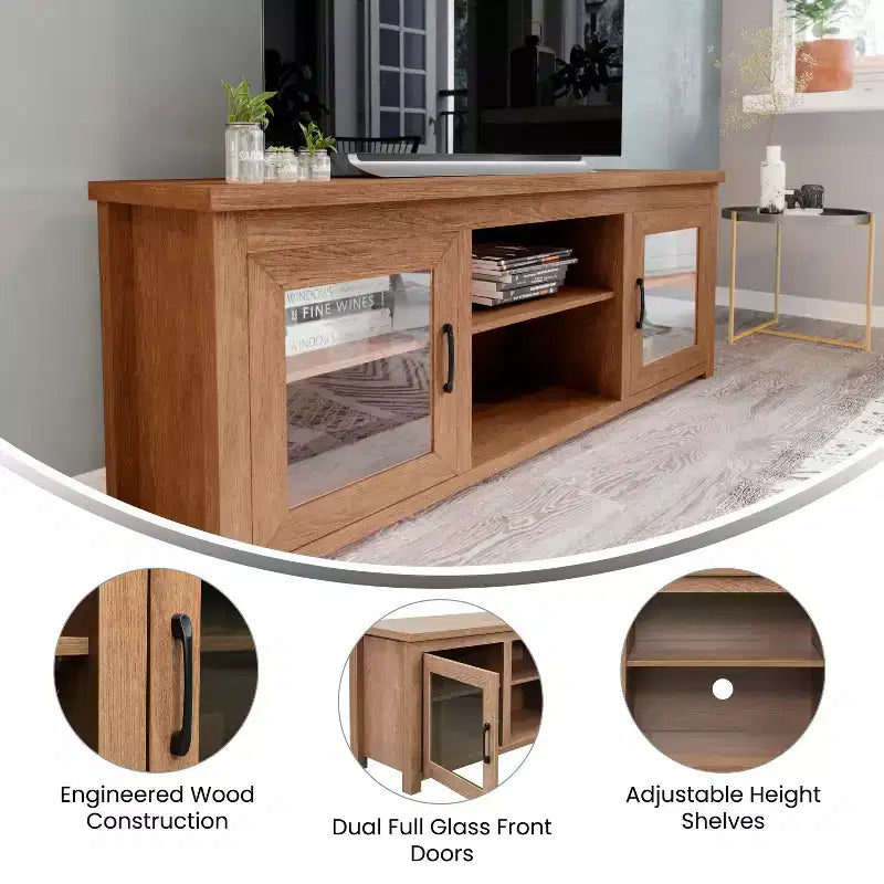Flash Furniture Meuble TV Sheffield Classic pour téléviseurs jusqu'à 80" - Finition moderne avec portes entièrement vitrées - Cadre en bois d'ingénierie de 65" - 3 étagères