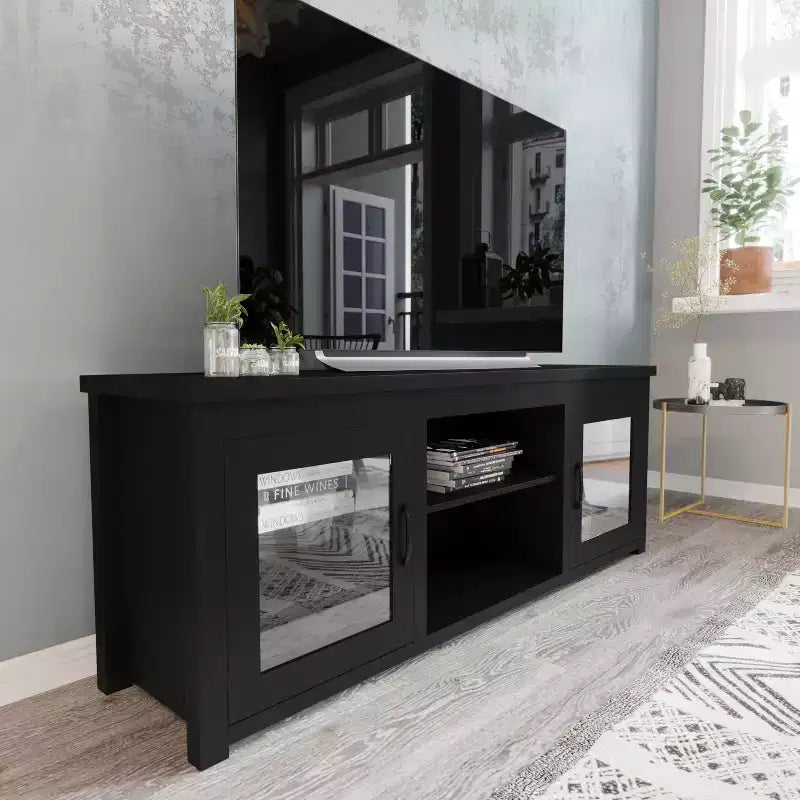 Flash Furniture Meuble TV Sheffield Classic pour téléviseurs jusqu'à 80" - Finition moderne avec portes entièrement vitrées - Cadre en bois d'ingénierie de 65" - 3 étagères