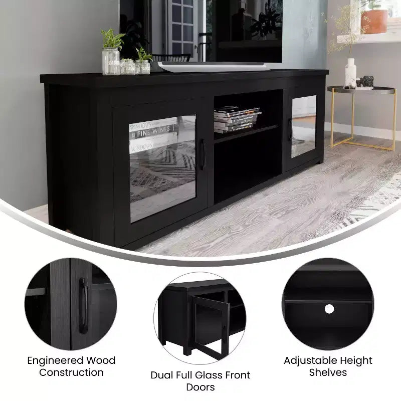 Flash Furniture Meuble TV Sheffield Classic pour téléviseurs jusqu'à 80" - Finition moderne avec portes entièrement vitrées - Cadre en bois d'ingénierie de 65" - 3 étagères